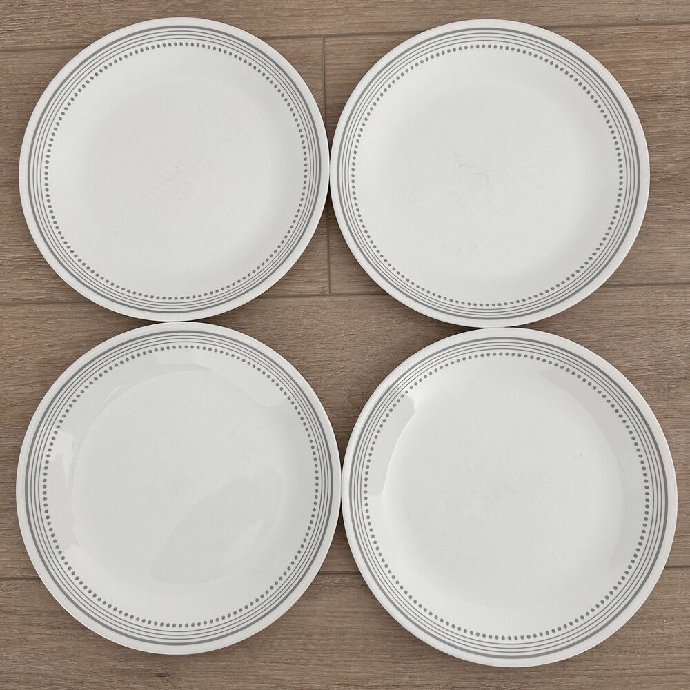 Lot Of 4 Corelle Corning MYSTIC GRAY Livingware Dinner Plates Vitrelle Dots